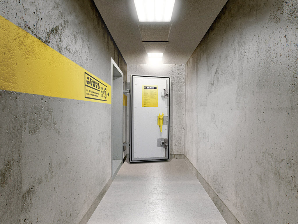Couloir d’accès vers la porte d’entrée d’un bunker antiatomique en France